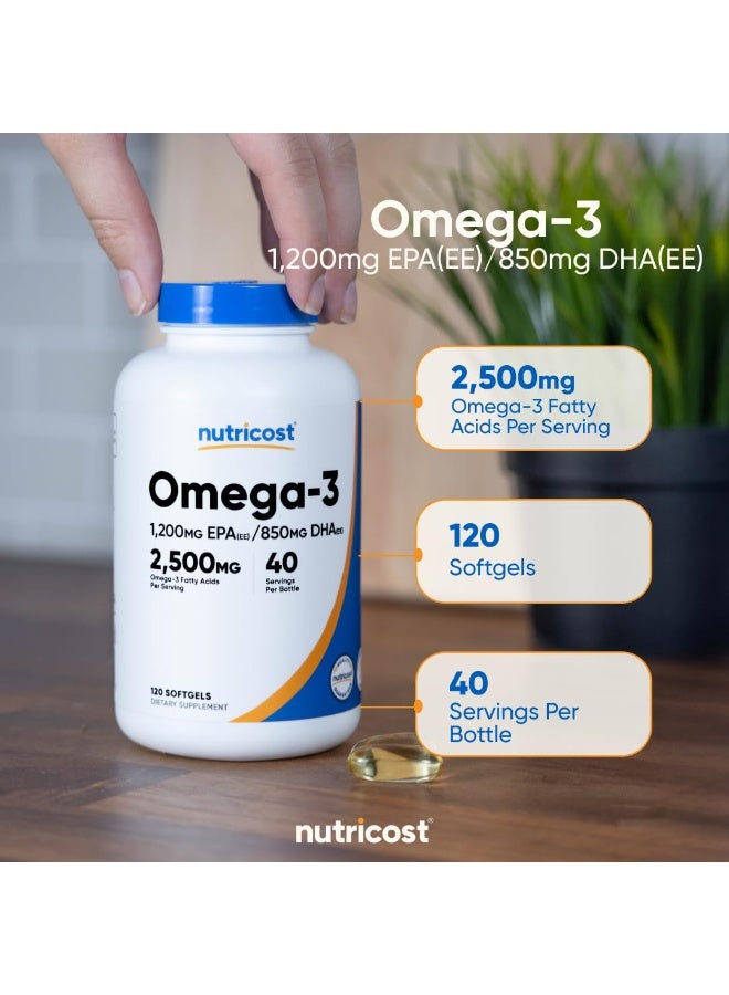 زيت السمك أوميغا 3 بتركيز 2500 ملغ من Nutricost – مكمل غني بـ EPA وDHA – 120 كبسولة هلامية - Image 2